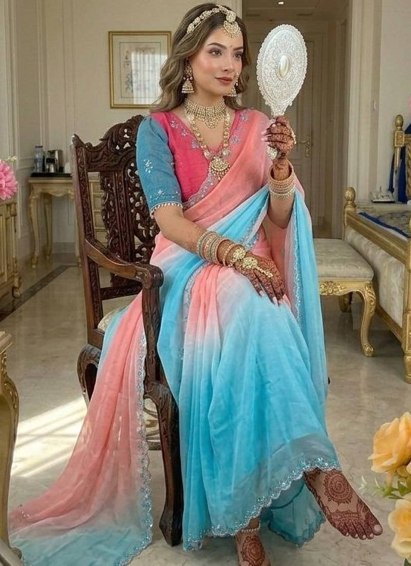 Blue Color hand work khatli cutdana moti work Silk Saree
