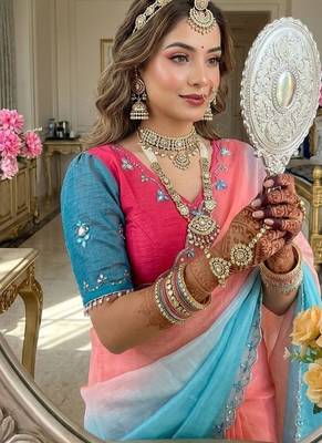 Blue Color hand work khatli cutdana moti work art silk saree 2