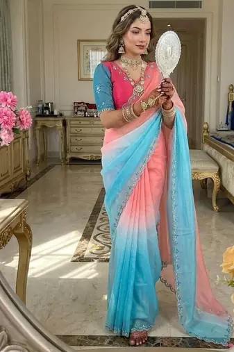 Blue Color hand work khatli cutdana moti work art silk saree