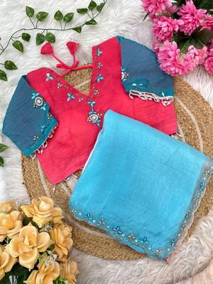 Blue Color hand work khatli cutdana moti work art silk saree 4
