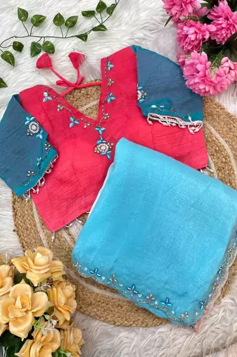 Blue Color hand work khatli cutdana moti work art silk saree