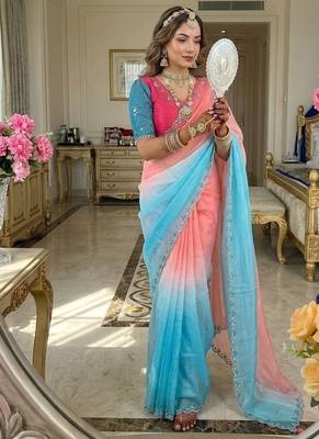 Blue Color hand work khatli cutdana moti work art silk saree 5