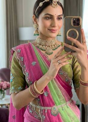 Parrot Green Color hand work khatli cutdana moti work art silk saree 2