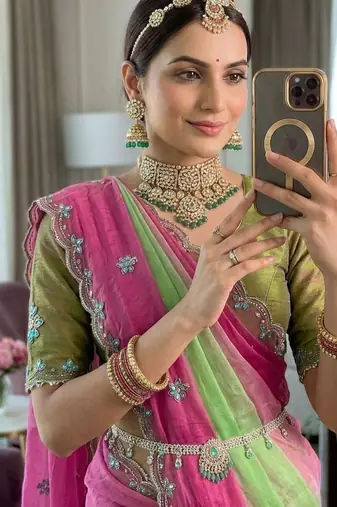Parrot Green Color hand work khatli cutdana moti work art silk saree