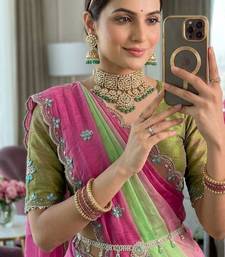 Parrot Green Color hand work khatli cutdana moti work art silk saree