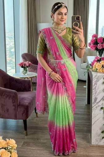 Parrot Green Color hand work khatli cutdana moti work Silk Saree