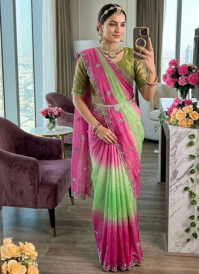 Parrot Green Color hand work khatli cutdana moti work Silk Saree