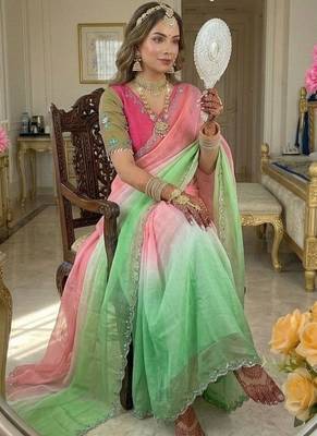 Parrot Green Color hand work khatli cutdana moti work art silk saree 3