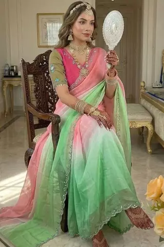 Parrot Green Color hand work khatli cutdana moti work art silk saree