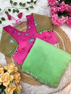 Parrot Green Color hand work khatli cutdana moti work art silk saree 4