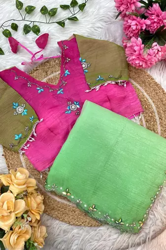 Parrot Green Color hand work khatli cutdana moti work art silk saree