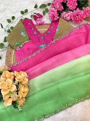 Parrot Green Color hand work khatli cutdana moti work art silk saree 5