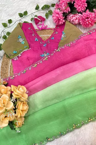 Parrot Green Color hand work khatli cutdana moti work art silk saree