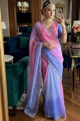 Purple Green Color hand work khatli cutdana moti work Silk Saree