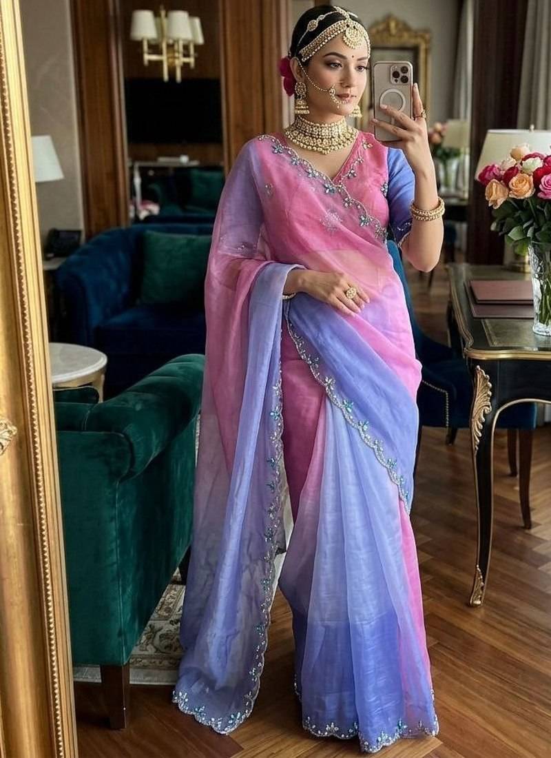 Purple Green Color hand work khatli cutdana moti work Silk Saree