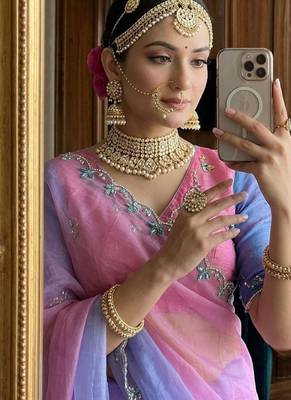 Purple Green Color hand work khatli cutdana moti work art silk saree 2