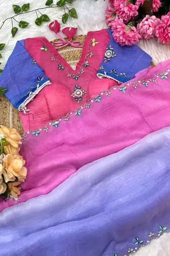 Purple Green Color hand work khatli cutdana moti work art silk saree