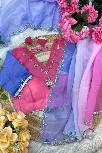 Purple Green Color hand work khatli cutdana moti work art silk saree