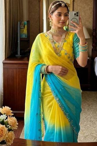 Yellow Green Color hand work khatli cutdana moti work Silk Saree