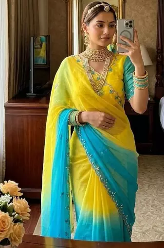 Yellow Green Color hand work khatli cutdana moti work Silk Saree