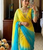 Yellow Green Color hand work khatli cutdana moti work Silk Saree