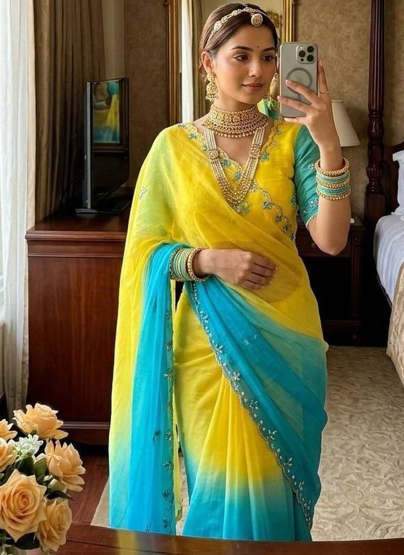 Yellow Green Color hand work khatli cutdana moti work Silk Saree
