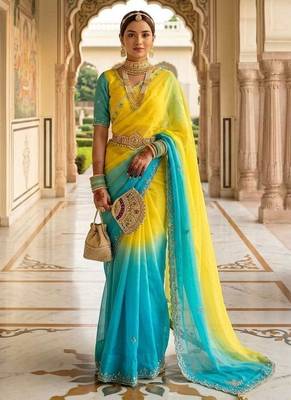Yellow Green Color hand work khatli cutdana moti work art silk saree 2