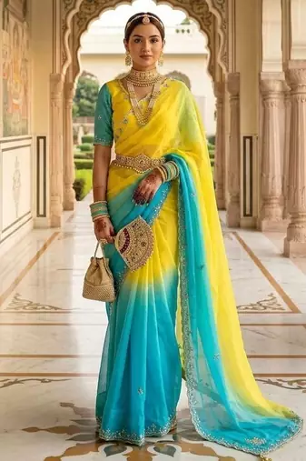 Yellow Green Color hand work khatli cutdana moti work art silk saree
