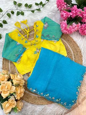 Yellow Green Color hand work khatli cutdana moti work art silk saree 3