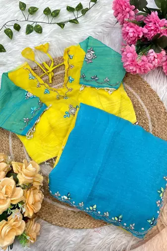 Yellow Green Color hand work khatli cutdana moti work art silk saree
