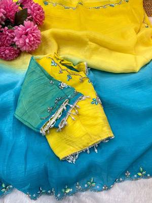 Yellow Green Color hand work khatli cutdana moti work art silk saree 4