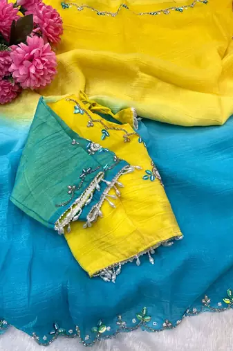 Yellow Green Color hand work khatli cutdana moti work art silk saree
