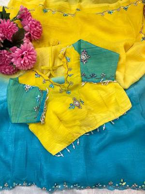 Yellow Green Color hand work khatli cutdana moti work art silk saree 5