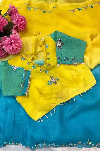 Yellow Green Color hand work khatli cutdana moti work art silk saree