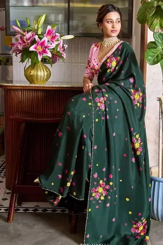 Green Color Cut Dana Flower Work  Georgette Saree