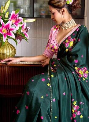 Green Color Cut Dana Flower Work  Georgette Saree 2
