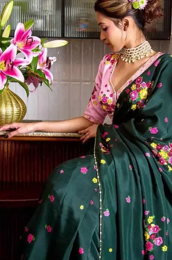 Green Color Cut Dana Flower Work  Georgette Saree