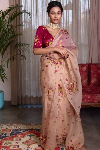 Peach Color Cut Dana Flower Work  Georgette Saree