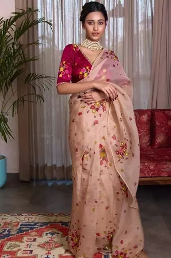 Peach Color Cut Dana Flower Work  Georgette Saree