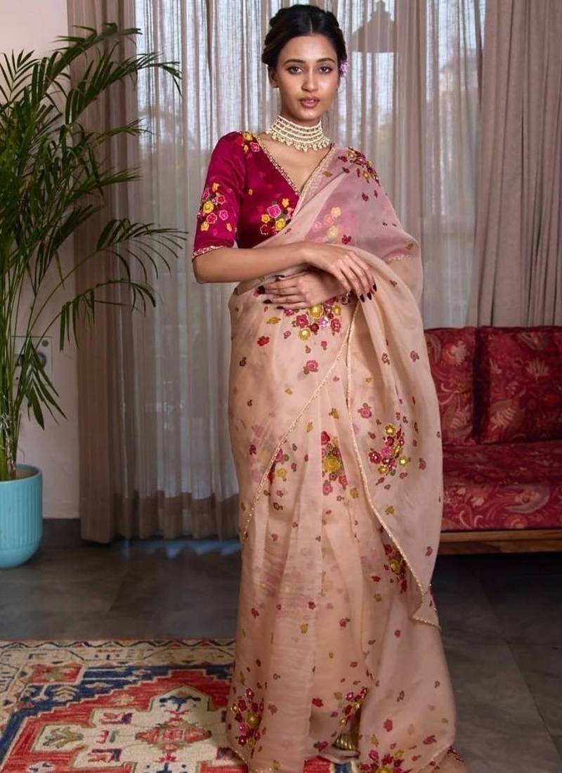 Peach Color Cut Dana Flower Work  Georgette Saree