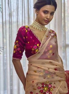 Peach Color Cut Dana Flower Work  Georgette Saree 2
