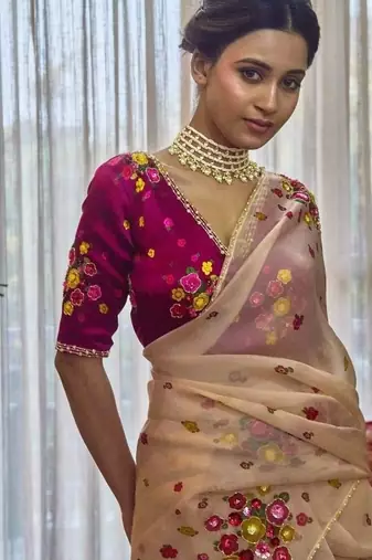 Peach Color Cut Dana Flower Work  Georgette Saree