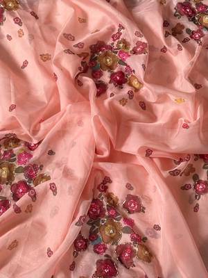 Peach Color Cut Dana Flower Work  Georgette Saree 3