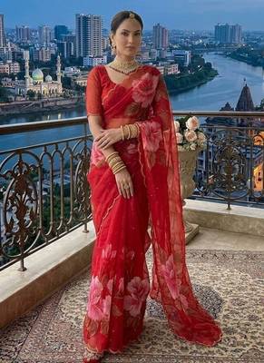 Rani Pink Color  digital print and hand work Chiffon Saree 1