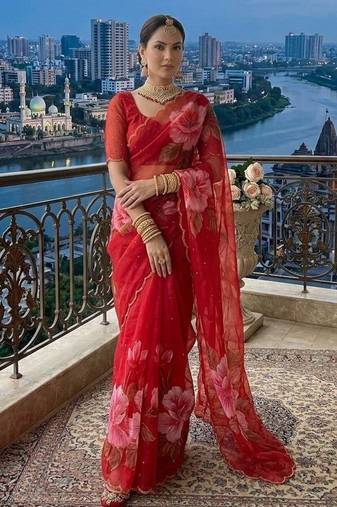 Rani Pink Color  digital print and hand work Chiffon Saree