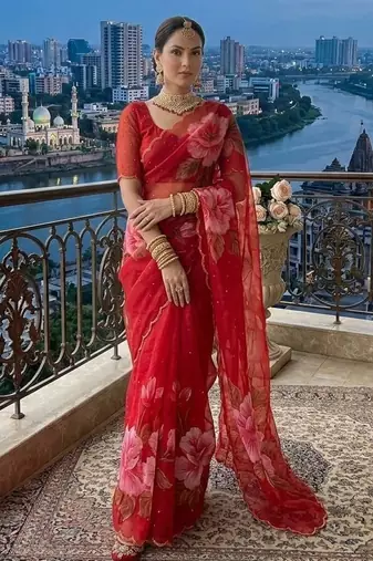 Rani Pink Color  digital print and hand work Chiffon Saree