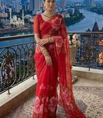 Rani Pink Color  digital print and hand work Chiffon Saree
