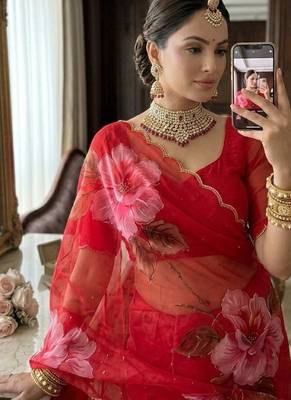 Rani Pink Color  digital print and hand work Chiffon Saree 2