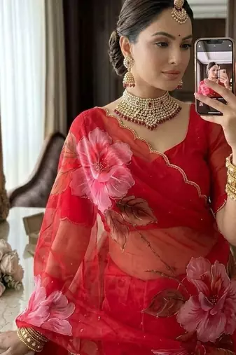 Rani Pink Color  digital print and hand work Chiffon Saree