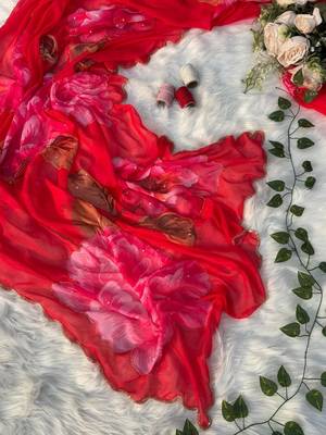 Rani Pink Color  digital print and hand work Chiffon Saree 3